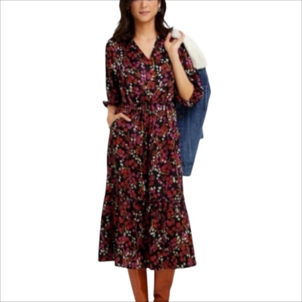 Draper James Martina Hammered Satin Midi Dress in Black Floral Print Size Small